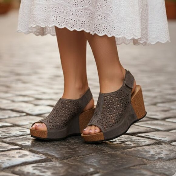 A. GIANNETTI Italian Laser-Cut Cork Wedge Sandals - Picture 1 of 8